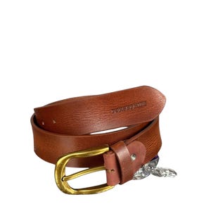 Heavy duty genuine leather belt for men, brown cowhide strap with metal buckle, durable waist accessory for formal and casual wear