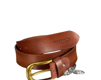 Cinturón de cuero genuino para hombre: piel de vaca encerada de alta resistencia, hebilla de latón.