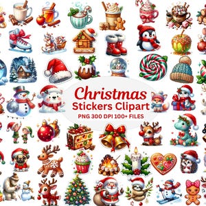 Puede incluir: Una colección de pegatinas navideñas coloridas. Las pegatinas presentan varios elementos navideños, incluyendo a Papá Noel, muñecos de nieve, adornos y golosinas festivas. Se muestra el texto "Christmas Stickers Clipart".