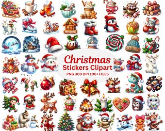 100 Christmas Stickers Clipart Bundle PNG | Festive Holiday Clipart Set for Crafts, Cards & Gifts | Xmas Sticker Pack for Digital Projects