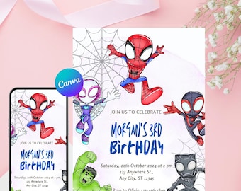 Editable Superhero Kids Watercolor Birthday Invitation | Printable Canva Template