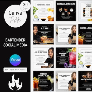 May include: A set of Canva templates for bartender social media, showcasing cocktail-related designs. The templates include text such as "2024 Cocktail Trends," "Perfect Pairing," and "Ask Me Anything." The design is black and white with colorful cocktail images.