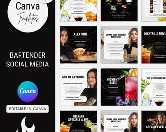 Bartender Social Media Templates | 30 Editable Canva Posts (Instant Download)