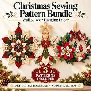 Naaipatroonbundel voor kerstdeurhangers (PDF), wand- en deurdecoratie, gequilte kerstster, krans, stoffen engel, A4 en US Letter