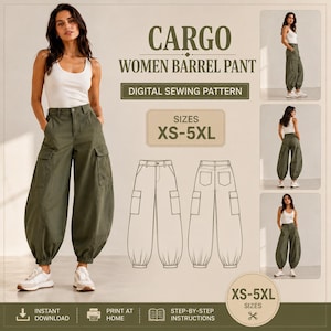 May include: A digital sewing pattern for cargo barrel trousers in sizes XS-5XL. The image displays a white vest top and olive green cargo trousers with side pockets and elastic cuffs, alongside technical line drawings of the front and back of the trousers.