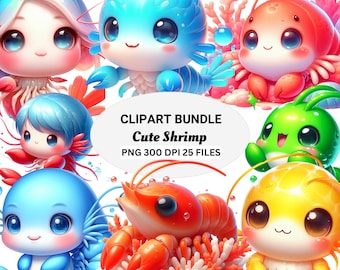 Watercolor Baby Shrimp Clipart Bundle: Sea Animals PNG, Nautical Decor