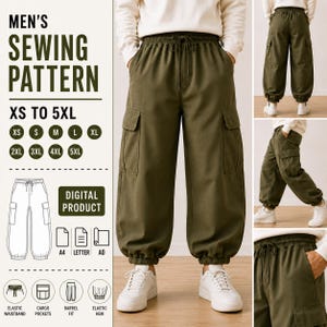 May include: A digital sewing pattern for olive green cargo trousers with an elastic waistband, drawstring, and barrel fit. The pattern includes sizes XS to 5XL, with options for A4, Letter, and A0 paper formats. Features include cargo pockets and elastic hems.