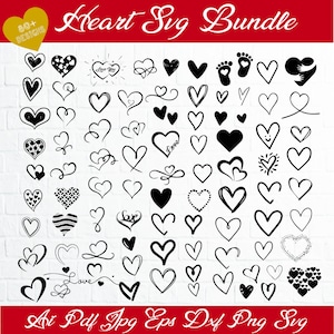 Puede incluir: Una colección de diseños de corazones negros en varios estilos, incluyendo sólidos, delineados y estampados. La imagen incluye el texto "Heart Svg Bundle" y "80+ Designs". Debajo de los corazones hay notaciones de tipo de archivo: Ai Pdf Jpg Eps Dxf Png Svg.