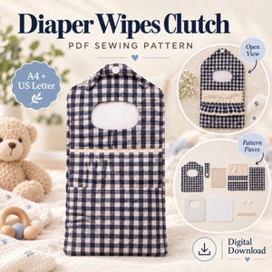 Peut inclure: Un patron de couture PDF pour une pochette à lingettes avec un tissu vichy bleu marine et blanc. L'image montre la pochette finie, une vue ouverte et diverses pièces du patron. Le texte inclut Diaper Wipes Clutch, PDF Sewing Pattern, A4 + US Letter, Open View, Pattern Pieces et Digital Download.