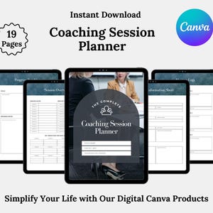 Könnte beinhalten: Ein digitaler Coaching-Sitzungsplaner, der auf fünf Tablets angezeigt wird. Der Planer enthält Abschnitte für Sitzungsübersichten, Fortschrittsnotizen und Informationsblätter. Der Text "Instant Download Coaching Session Planner" und "Simplify Your Life with Our Digital Canva Products" ist enthalten.