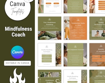 Mindfulness Coach Canva Templates | 30 Editable Wellness Posts for Instagram & Social Media | Instant Download