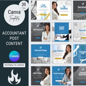 Op de afbeelding: Een verzameling Canva-sjablonen voor accountants. Het ontwerp heeft een donkere achtergrond met witte tekst met de tekst "ACCOUNTANT POST CONTENT" en "Canva Templates". De sjablonen behandelen onderwerpen als tips voor kredietscores en pensioenplanning.