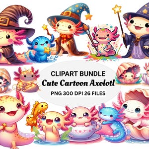 Watercolor Axolotl Clipart Bundle: Kawaii PNG Images (Digital Download