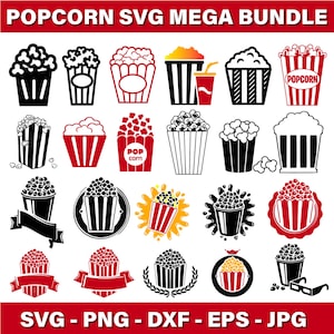 Puede incluir: Una colección de gráficos SVG con temática de palomitas de maíz, que incluyen cubos de palomitas de maíz, granos y diseños con la palabra "Popcorn". La imagen también incluye el texto "POPCORN SVG MEGA BUNDLE" e información del tipo de archivo.