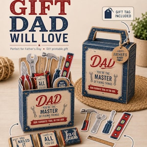 Könnte beinhalten: Ein Geschenkset zum Vatertag mit einer blauen Box mit dem Wort "DAD" und Werkzeugillustrationen. Das Set enthält Papierschnittmuster, verpackte Mini-Schokoladen und ein Geschenk-Etikett. Der Text lautet "Create a Gift Dad Will Love."
