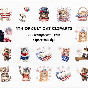 Bundle de cliparts chat 4 juillet, clipart drôle de chat, chat patriotique Png, fête de l'indépendance Png, clipart Memorial Day, clipart chaton