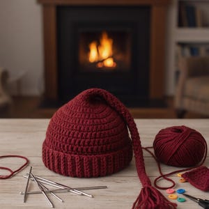 May include: A handmade burgundy crochet hat with a long, pointed tassel. A ball of matching yarn, crochet hooks, and scissors are arranged on a wooden surface, suggesting a crafting project. The background features a fireplace with a warm fire.