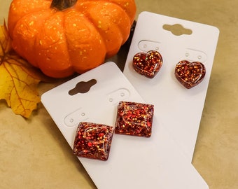 Glitter Resin Stud Earrings, Fall Colors, Heart or Square