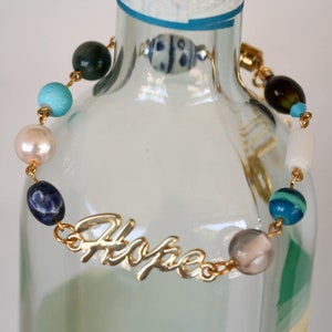 Beaded Charm Bracelet: Upcycled Beads, Gold &#39;Hope&#39; Charm (8 inch)