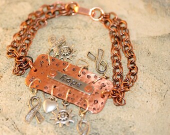 Metal Stamped Bracelet. Charm Bracelet. Copper Bracelet. Breast Cancer Awareness Bracelet. Handmade Bracelet