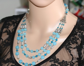 Blaue Swarovski Kristall Halskette & Ohrring Set, drei Strang Statement Schmuck