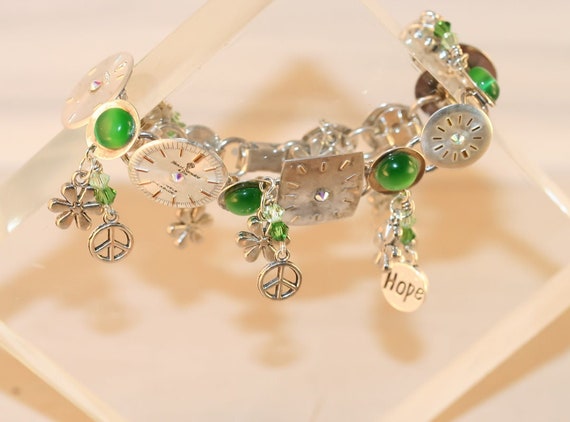 Repurposed Watch Face Charm Bracelet, Green Swarovski  display picture 1