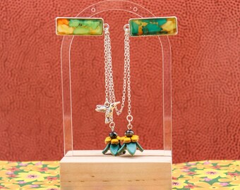 Faux Turquoise Leather Flower Sweater Clips, Hummingbird Charm