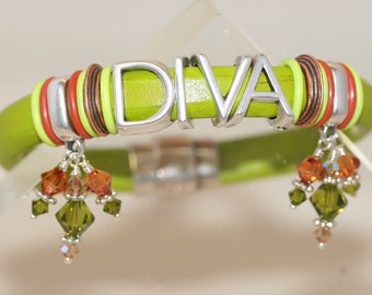 Diva Bangle: Lime Green Leather Bracelet with Swarovski Charms
