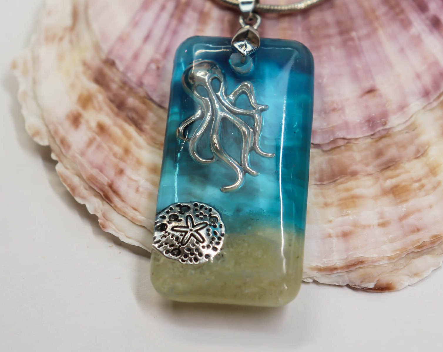 Beach Resin Pendant, Octopus and Sand Dollar, Silver Plated Chain