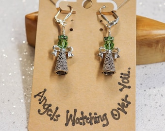 Green Swarovski Crystal Angel Dangle Earrings, Silver Plated