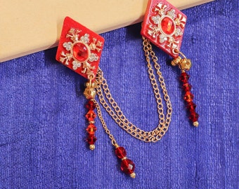 Red Resin Sweater Clip, Gold Charm, Collar Pin