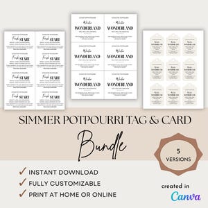 Puede incluir: Un paquete de etiquetas y tarjetas para popurrí para hervir a fuego lento en varios diseños. Las etiquetas y tarjetas presentan textos como "Fresh Start" y "Winter Wonderland" en fuentes elegantes. La imagen también destaca que el producto es de descarga instantánea, totalmente personalizable e imprimible en casa.