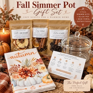 May include: A Fall Simmer Pot Gift Set featuring three pouches of stovetop potpourri labeled Golden Orchard, Cozy Chai, and Autumn Café, a clear glass pot with a lid, a white dish towel with a floral pumpkin print, and an instruction card.