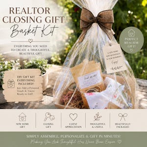 May include: A realtor closing gift basket kit wrapped in clear cellophane with a brown ribbon bow. The kit includes a tag reading A NEW HOME NEW BEGINNINGS & NEW MEMORIES, a pouch labeled Fresh START, and various decorative items inside a cardboard box.