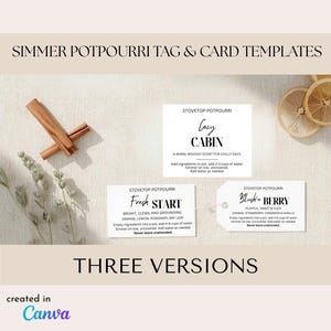 Peut inclure: Trois étiquettes et cartes rectangulaires blanches pour pot-pourri mijoté avec du texte noir. Les cartes sont intitulées Cozy Cabin, Fresh Start et Blush Berry. Le design inclut des bâtons de cannelle, des tranches d'agrumes et des herbes.
