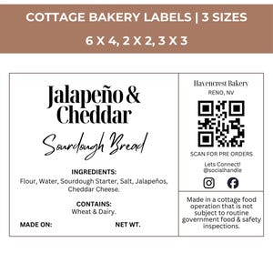 May include: White label with text "Jalapeño & Cheddar Sourdough Bread" and ingredients. Includes a QR code and social media handles. The label is for Havencrest Bakery in Reno, NV. The label is available in 3 sizes: 6 x 4, 2 x 2, and 3 x 3 inches.