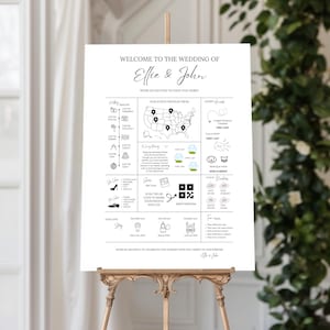 Può includere: Un cartello di benvenuto per matrimoni bianco su un cavalletto di legno. Il cartello ha un testo nero che recita "Welcome to the Wedding of Ellie & John". Include una sequenza temporale, una mappa, i dettagli degli ospiti e un codice QR.