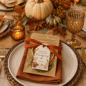 May include: A clear plastic pouch containing a dried orange slice and herbs, tied with a burnt orange ribbon and a white tag that reads Thank you for coming to our Friendsgiving! Grateful for friends like you. So happy you could join us!