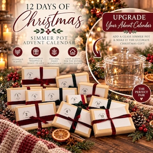 May include: A 12 Days of Christmas simmer pot advent calendar set featuring twelve rectangular boxes wrapped in white paper with dark red or green ribbons, each numbered. Includes a clear glass simmer pot with a lid and handle.
