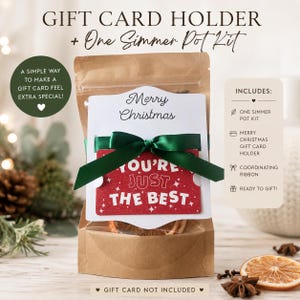 May include: A brown paper pouch containing a simmer pot kit, featuring a white card with Merry Christmas text and a red gift card holder that reads YOU'RE JUST THE BEST. A dark green satin ribbon is tied around the pouch and the card.