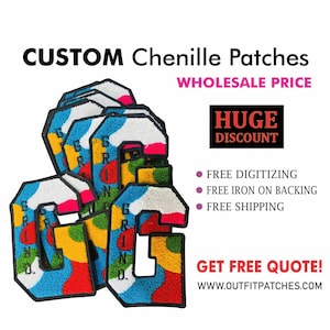 Può includere: Toppe in ciniglia personalizzate a forma di lettera "G" con un design colorato. Le toppe hanno un bordo bianco e sono esposte in pila. Il testo sull'immagine include "CUSTOM Chenille Patches" e "GRIND".