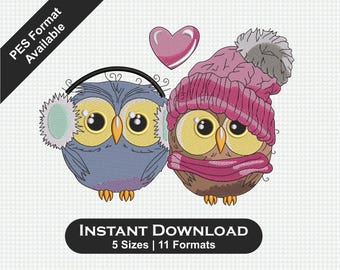 Winter Owls Embroidery Design – Cute Animals with Hat & Scarf (DST PES JEF Formats)