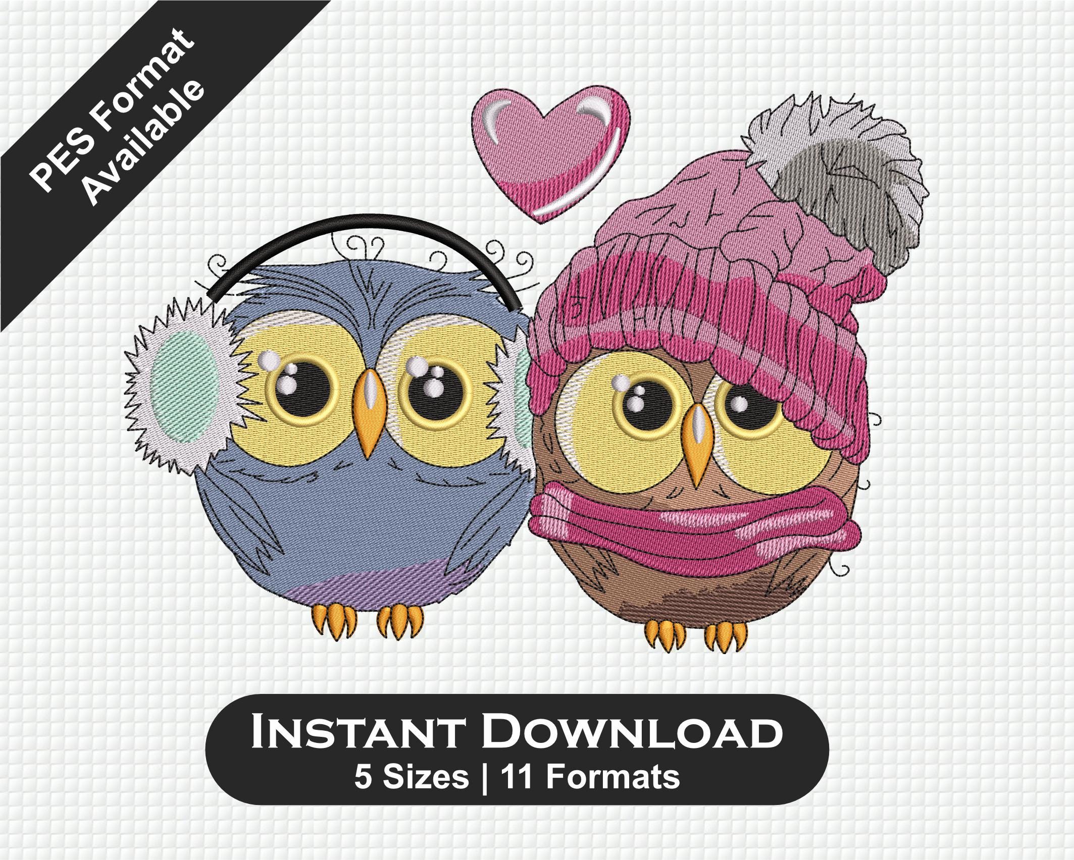 Cute Winter Owls Embroidery Design – Love Owls with Hat & Scarf Machine Embroidery File &n