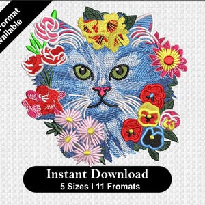 Floral Cat Machine Embroidery Design: Cute Animal Face for Sweatshirts & T-shirts, Cat Pattern, Pet Embroidery, Floral Animal Embroidery PES