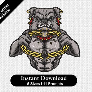May include: A gray bulldog with a gold chain around its neck and red spikes on its ears. The bulldog is snarling and has a muscular build.