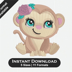 Baby Monkey Embroidery Design – Cute Safari Animal with Bandana, Floral Machine Embroidery File, 6 Sizes, Instant Download