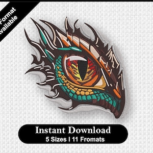 May include: A colorful dragon eye embroidery design with green, orange, yellow, and red details. The design is available in 5 sizes and 11 formats, including PES format.