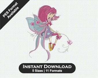 May include: A whimsical illustration of a fairy with pink hair, blue and pink wings, and a purple polka-dot dress. The fairy is holding a floral vine. Text at the top reads "PES Format Available" and at the bottom "INSTANT DOWNLOAD 5 Sizes | 11 Formats."