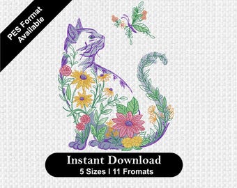 Floral Cat Machine Embroidery Design: Cute Animal Face for Sweatshirts & T-shirts, Cat Pattern, Pet Embroidery, Floral Animal Embroidery PES