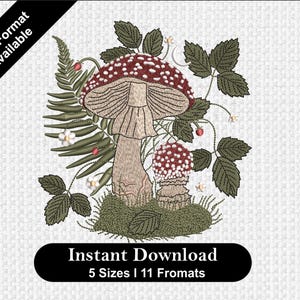 May include: Embroidered design of two red and white mushrooms with white spots, surrounded by green leaves and small red berries. The design is perfect for embroidery projects.